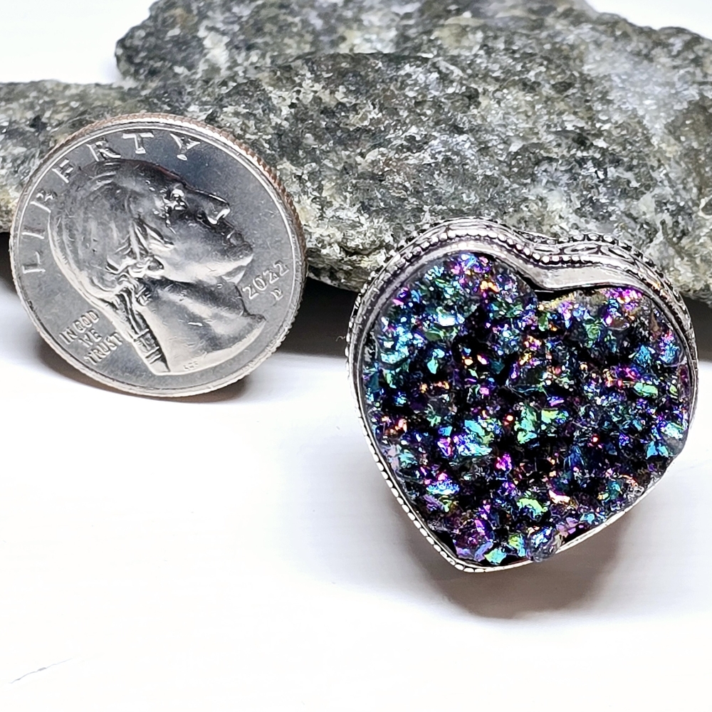 Titanium Druzy Quartz Heart Ring Size 8 Hand Crafted 925 Sterling Silver Overlay - Picture 4 of 7